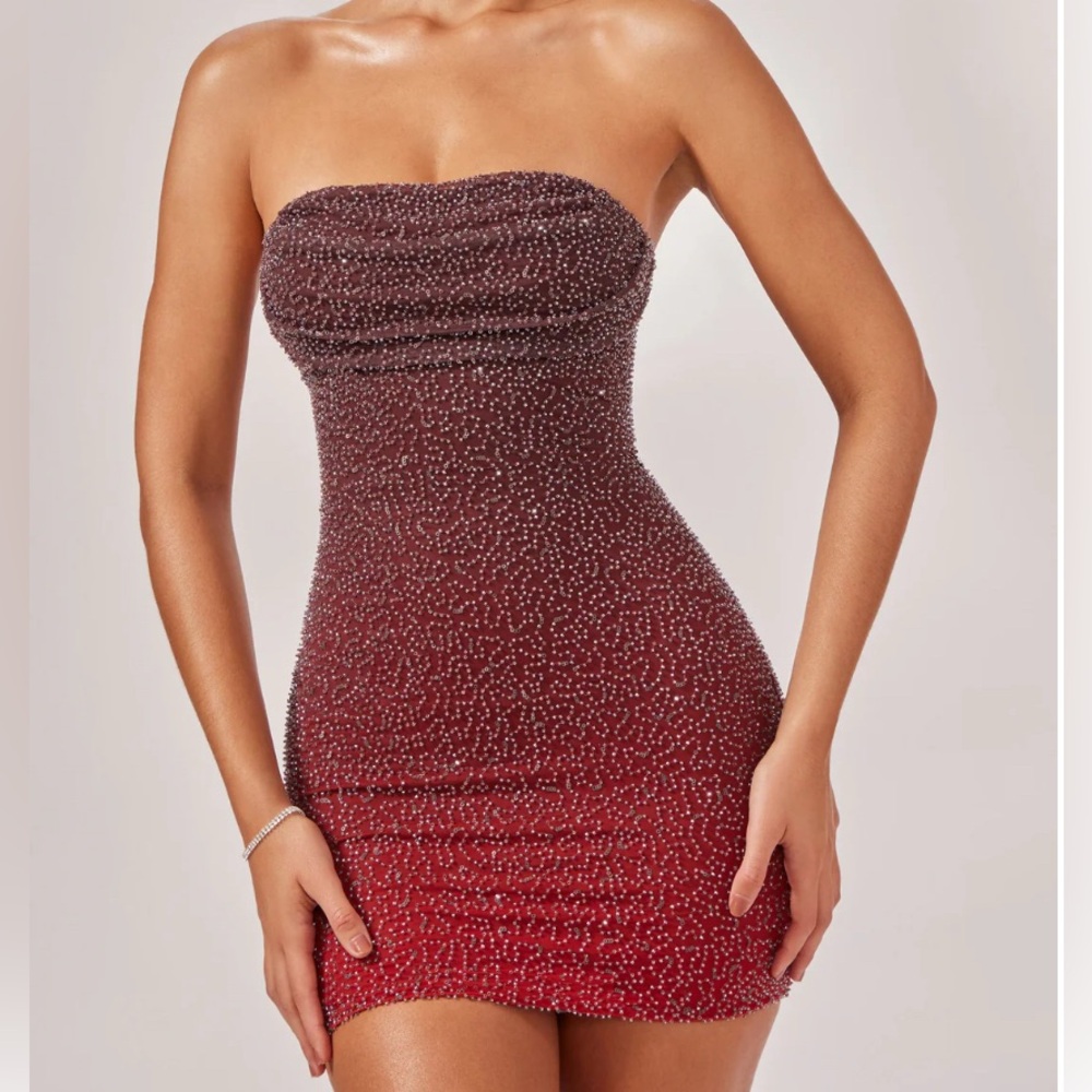 Oh Polly BASEL Embellished Strapless Mini Dress | Red/Brown Ombré